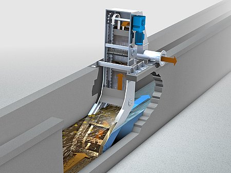 Prinzipskizze: Beim RakeMax®-high flow ist der Rechen in einem flachen und daher hydraulisch günstigen Siebabschnitt mit anschließendem Übergang in einen steilen Förderabschnitt unterteilt